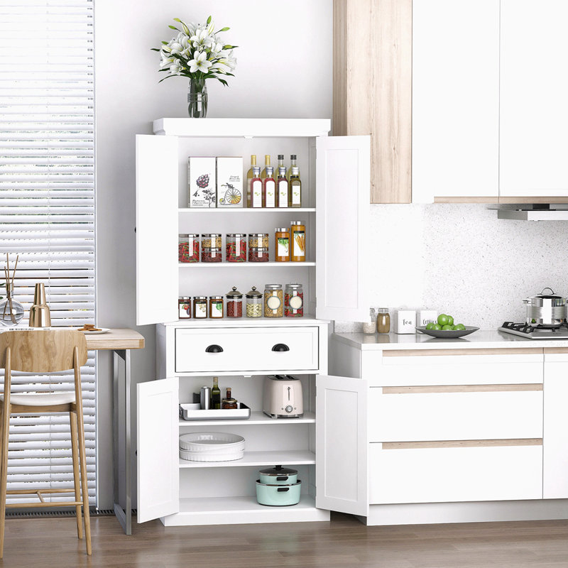 Armoire de rangement pour garde-manger de 72 po, armoire autoportante traditionnelle avec 4 portes et 3 tablettes réglables, grand tiroir central, panneau de lambris, gris