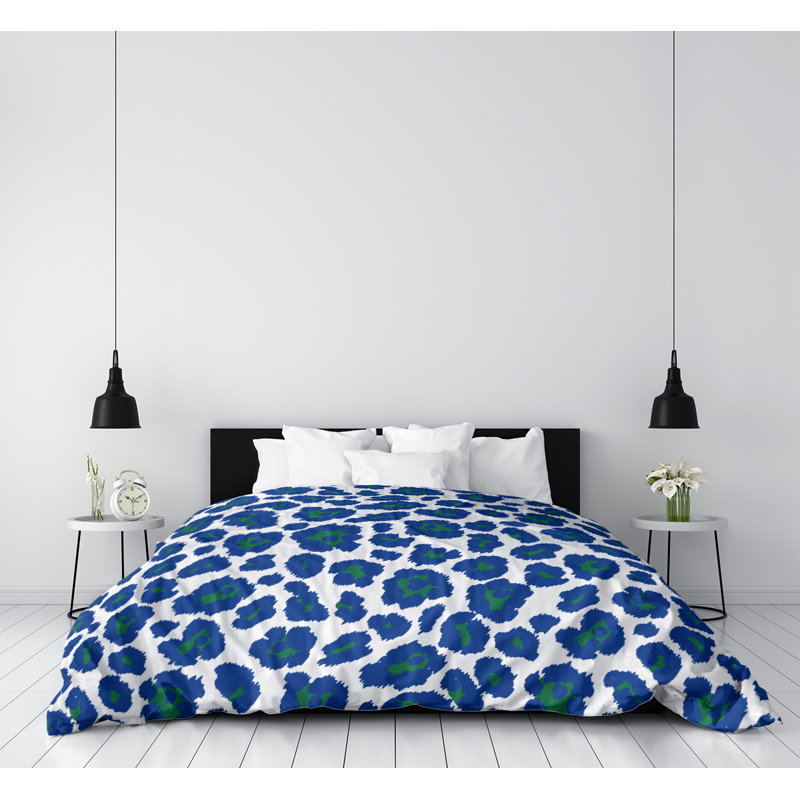 Housse de couette simple à imprimé léopard, Housse de couette pour très grand lit, Polyester brossé, Blanc / bleu / vert