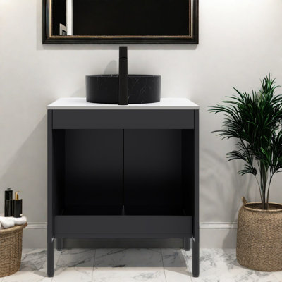Meuble-lavabo et lavabo modernes, design noir et blanc de Carrare, solution de salle de bain peu encombrante