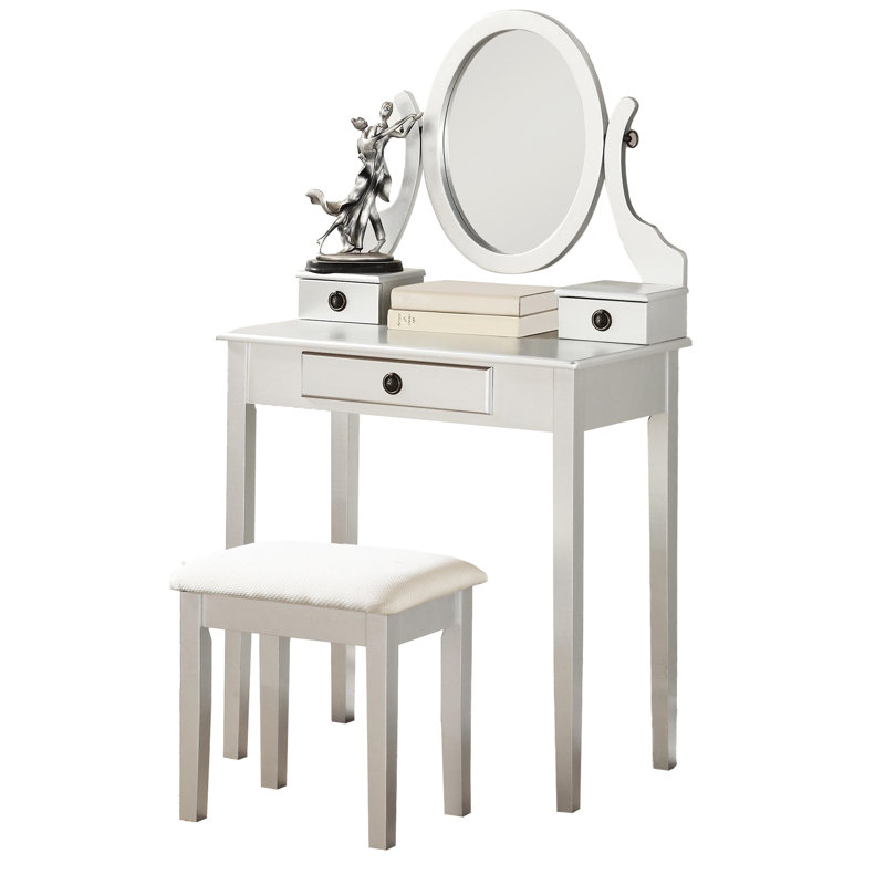 Coiffeuse à maquillage en bois en argent - 3 tiroirs de rangement, miroir réglable, table de décoration de chambre à coucher avec tabouret en bois, tiroirs, miroir pour améliorer la beauté