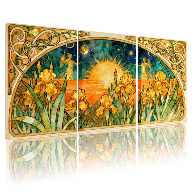 Ensemble de 3 reproductions d'art sur toile, "Fantasy & Sci-Fi Sunset Iris Garden", H 18 po x l 36 po