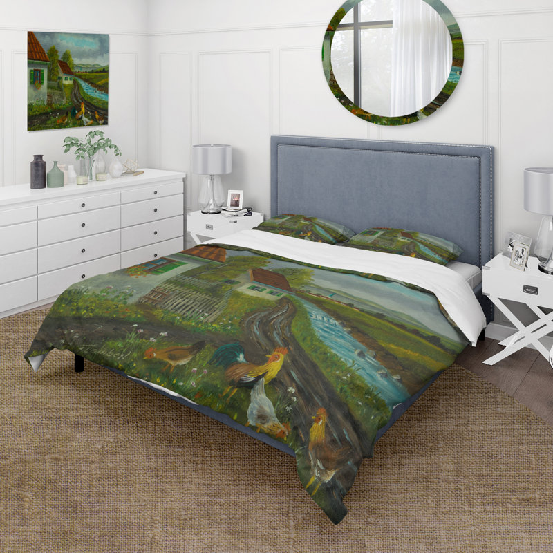 Three Chickens & A Cock In A Meadow With Flowers - Ensemble de housse de couette Farmhouse - Microfibre de polyester