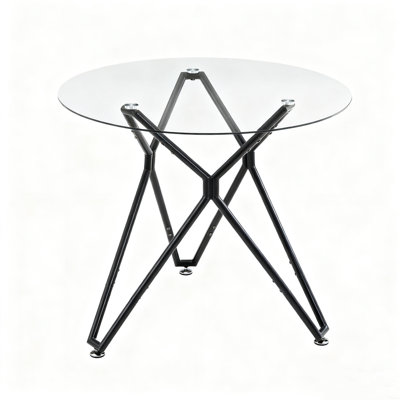 35.4" Round Glass Dining Table, 35.4" Dia. x30.6"H, Glass+Iron, 1 Piece, Dining Table, Black, Space-Saving Modern Design