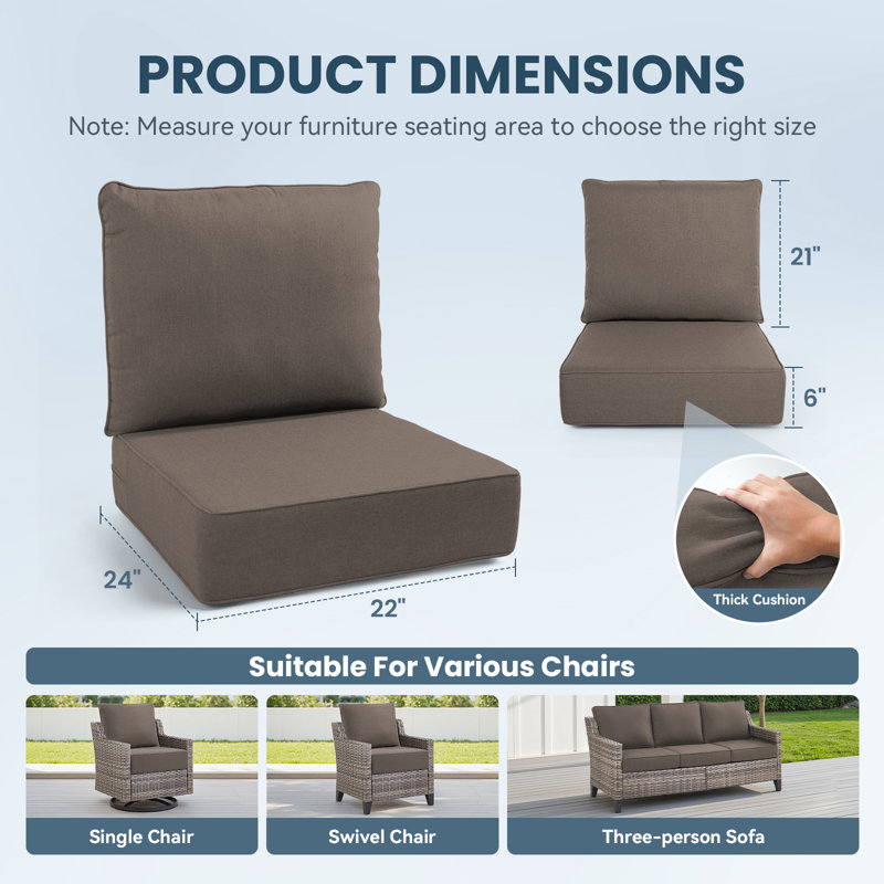 6" Thick Outdoor Cushions 22X24x6, Deep Seat Patio Cushions With Removable Cover, Waterproof & Fade Resistant Replacement For Wicker Chair, Loveseat, Sofa