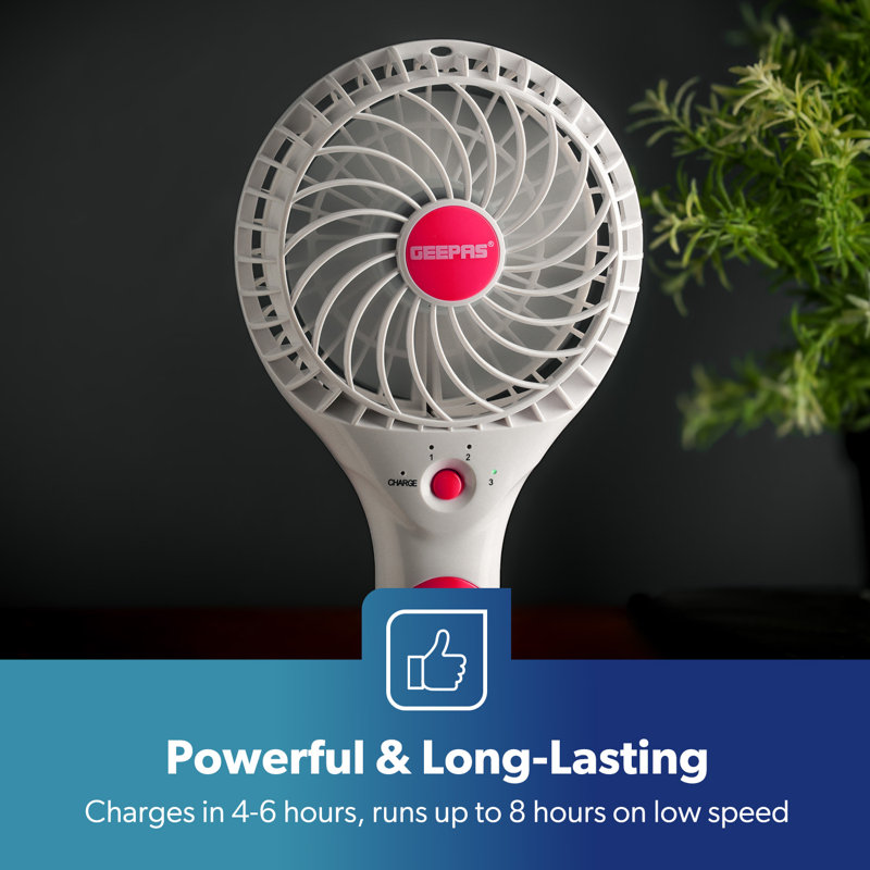 GEEPAS Rechargeable Fan | Mini Portable USB Handheld Fan for Home Office Travel Outdoor Personal Use | 3 Speed Settings 8Hr Run Time | Ultra Quiet Lightweight Air Circulator | 2 Year Warranty