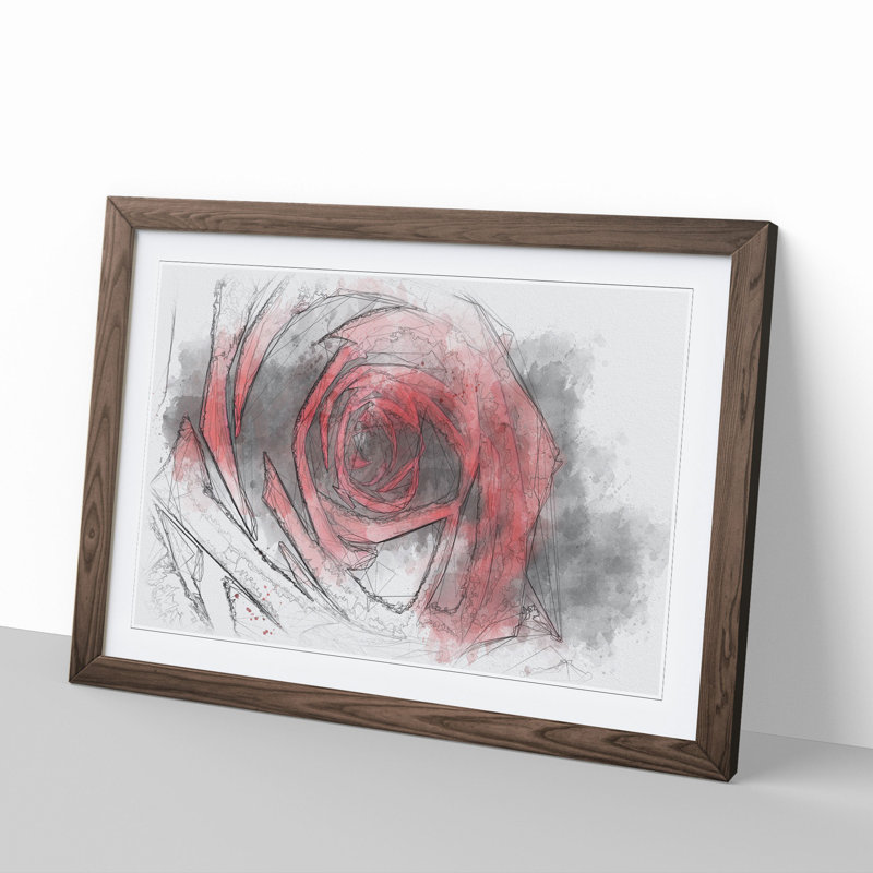 Red Rose Flower Vol.6 - Picture Frame Drawing, Walnut Framed, 65cm H x 90cm W x 2cm D