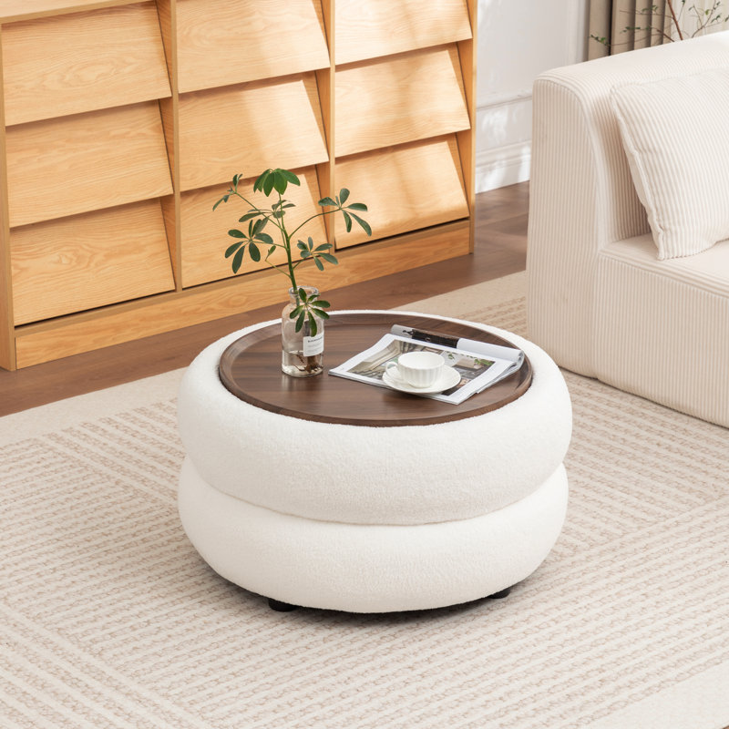 Upholstered Round Storage Ottoman, White
