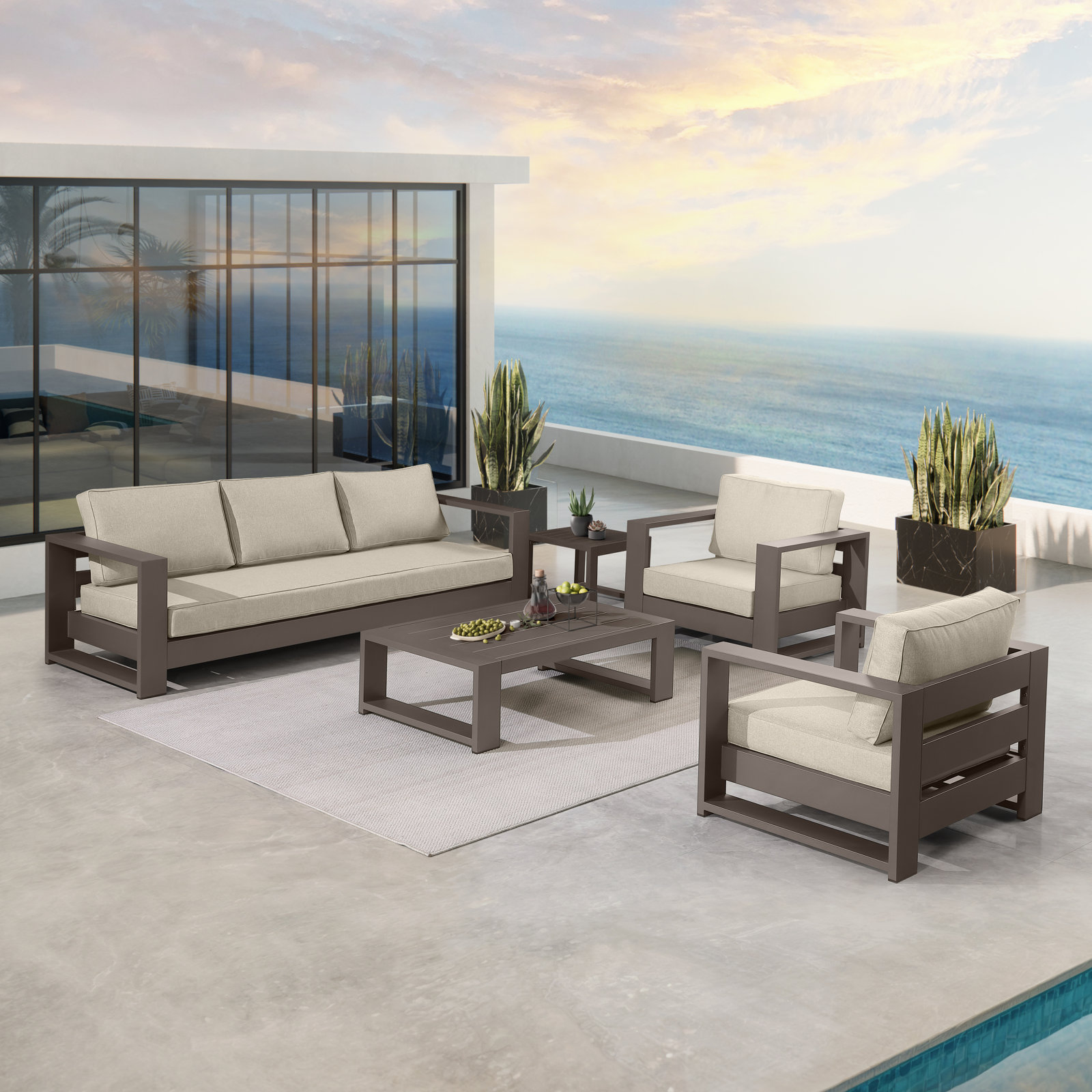 Hoyt Outdoor Aluminum Conversation Set with End Table, 5 Pcs: Coffee Table, End Table, 1 Sofa, 2 Chairs, Khaki, Bronze