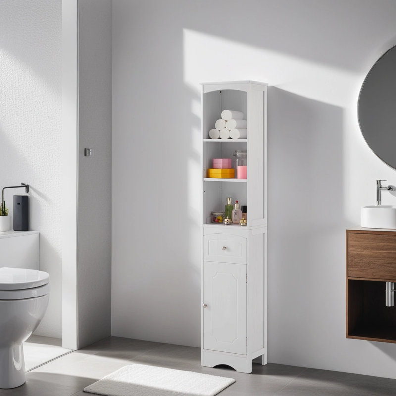 Armoire de rangement haute autoportante en MDF avec tablette réglable et tiroir, Blanc