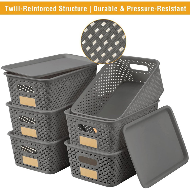 Small Plastic Twill Woven Storage Baskets With Lids, Stackable Organizing Containers With Labels For Pantry Closet Office, 6-Pack,10.35"X7.3"X4.09", Grey