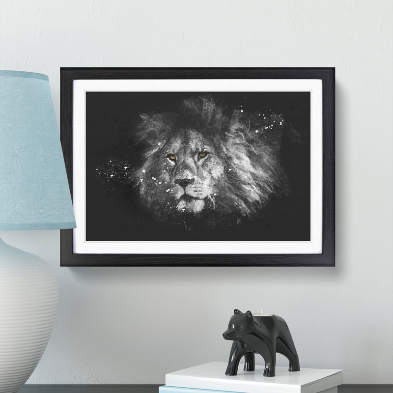 Lion With Piercing Eyes Paint Splash - Picture Frame Graphic Art, 33cm H x 45cm W x 2cm D, Black Framed