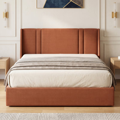 Modern Queen Velvet Upholstered Lift-Up Storage Platform Bed with Wingback Channel-Tufted Headboard, Ocher