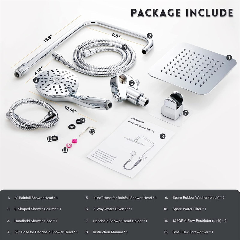 8'' Chrome Adjustable Dual Shower Head Combo with Filter