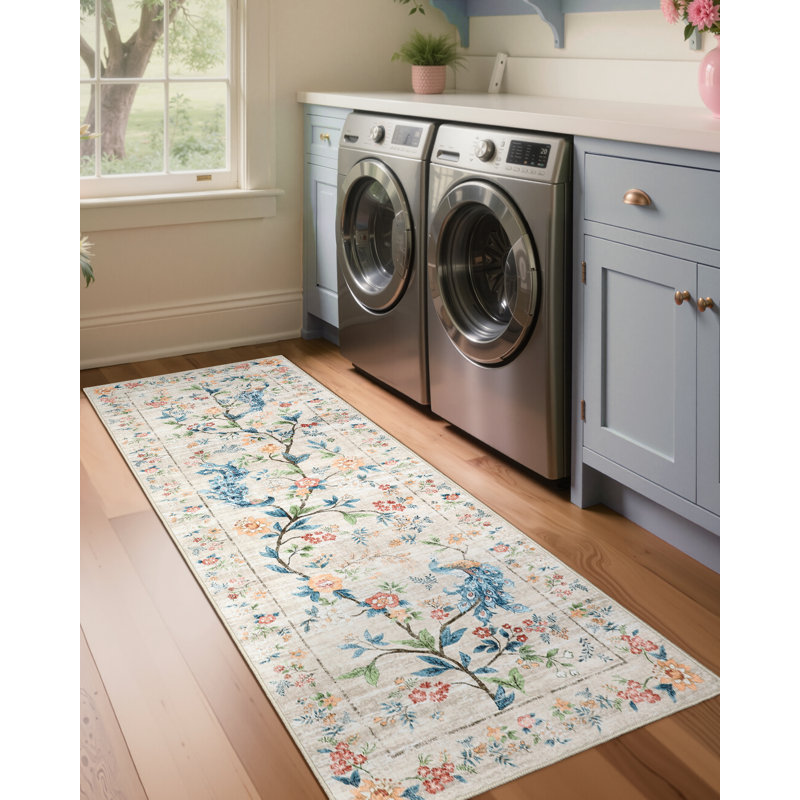Washable Floral Rug Non-Slip Modern Farmhouse Living Room Carpet, Non-Shedding Low Pile Floor Mats, Foldable Print Accent Indoor Rug for Bedroom, Playroom, Nursery