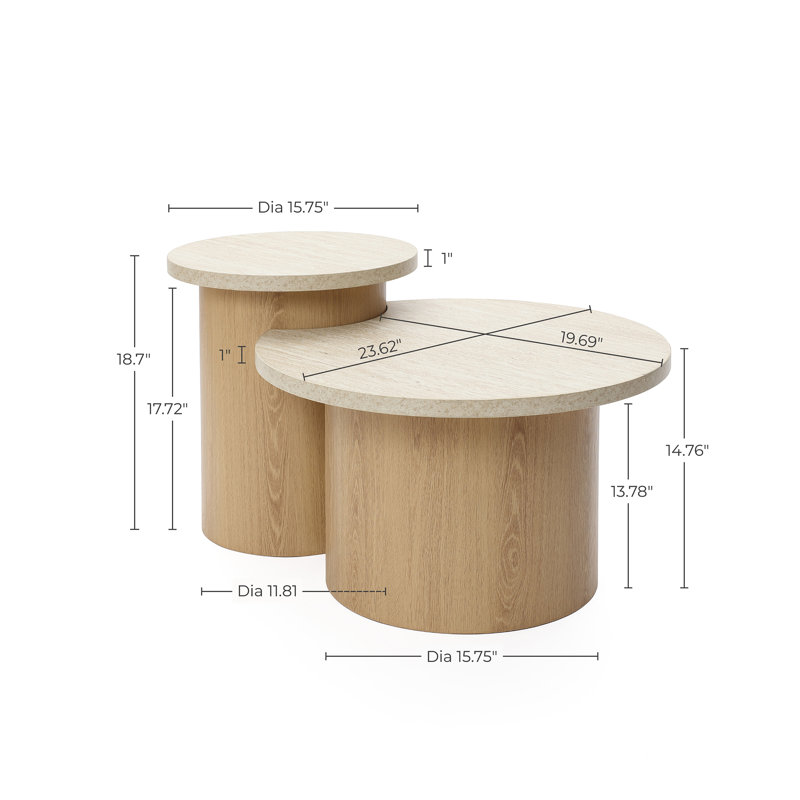 Round Nesting Coffee Table with Faux Travertine Top Set of 2