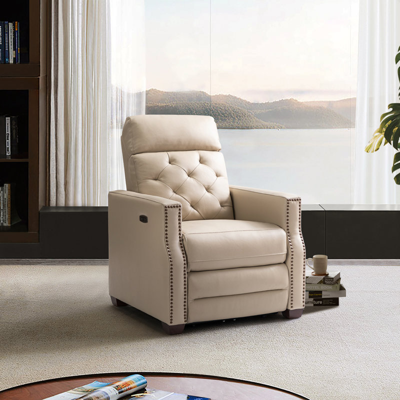 Gumesindo 31.50" Wide Genuine Leather Power Recliner, Beige Genuine Leather