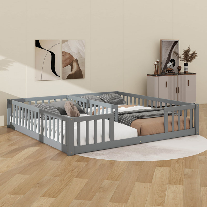 Lit double simple avec barrière de sécurité et garde-corps, gris