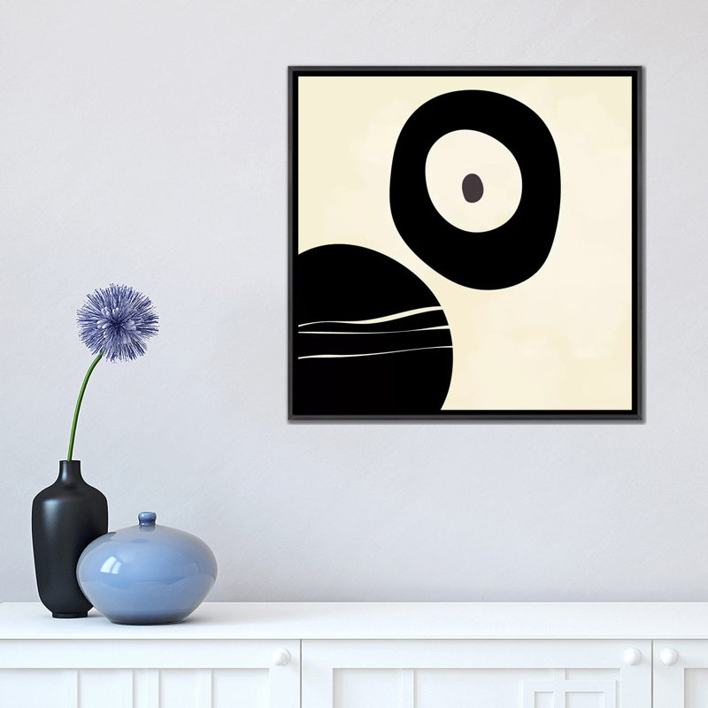 Shapes Black Brush Stroke White Abstract, No Matte, 18" H x 18" W x  1.5" D, Distressed Black Frame