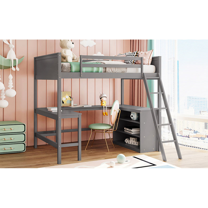Lit mezzanine double avec tablettes et bureau, lit mezzanine en bois avec bureau