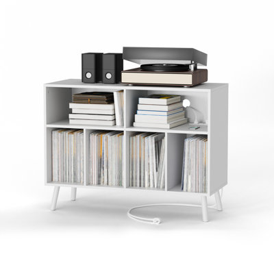Jhamal Record Player Stand with Charging Station Holds up to 350 Albums for Bedroom Living Room Office