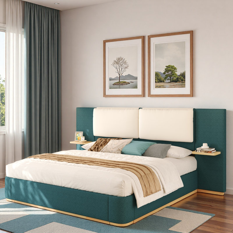 Lit plateforme tapissier avec tablettes, Grand lit, Vert