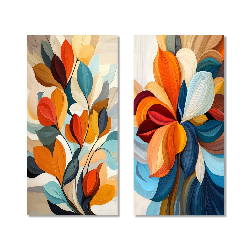 Mid Century Enchanted Bloom Flowers - Garden, ensemble de 2 grandes impressions murales en métal, 32" H x 32" W