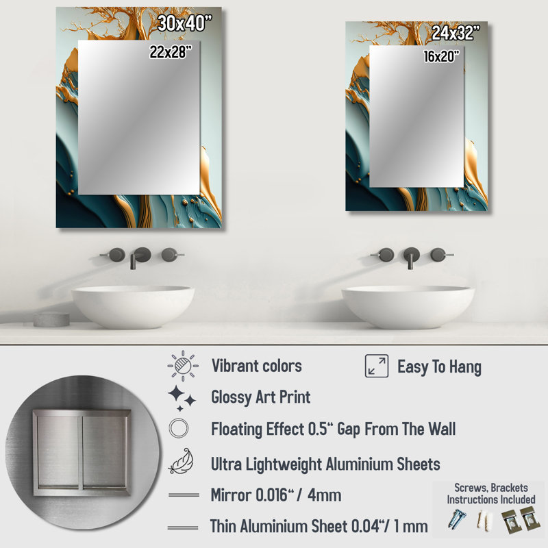 Abstract Blue And Gold Leaves III - Leaves Decorative Mirror, Traditional Large Wall Mirror, Printed Metal Art, 40" x 30"