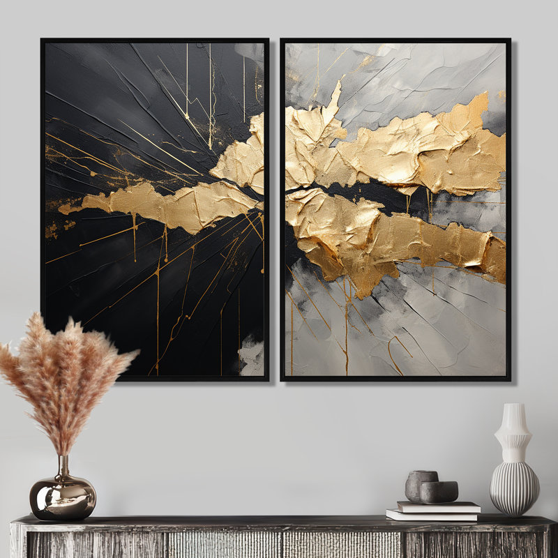 Noir et or abstrait méditation I - art mural moderne, H 36 po x l 48 po, Impression encadrée flottante, Noir