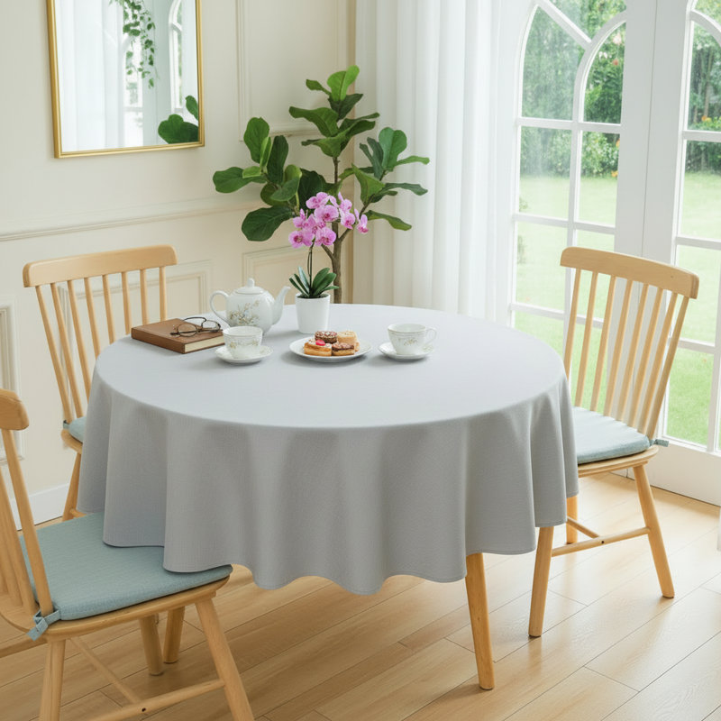 Light Gray Linen-Textured Round Tablecloth, 60 Inches, Waterproof, Stain-Resistant, Wrinkle-Resistant, And Washable. Suitable For Restaurants, Parties, And Outdoor Settings.