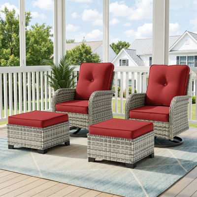 Ensemble de chaises berçantes pivotantes d'extérieur 4 pièces avec coussins et repose-pieds
