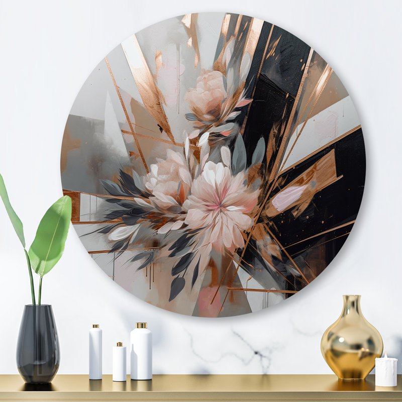 «Rose Gold Linear Floral Elegance II», art mural rond floral sur métal, H 23 po x l 23 po x P 1 po