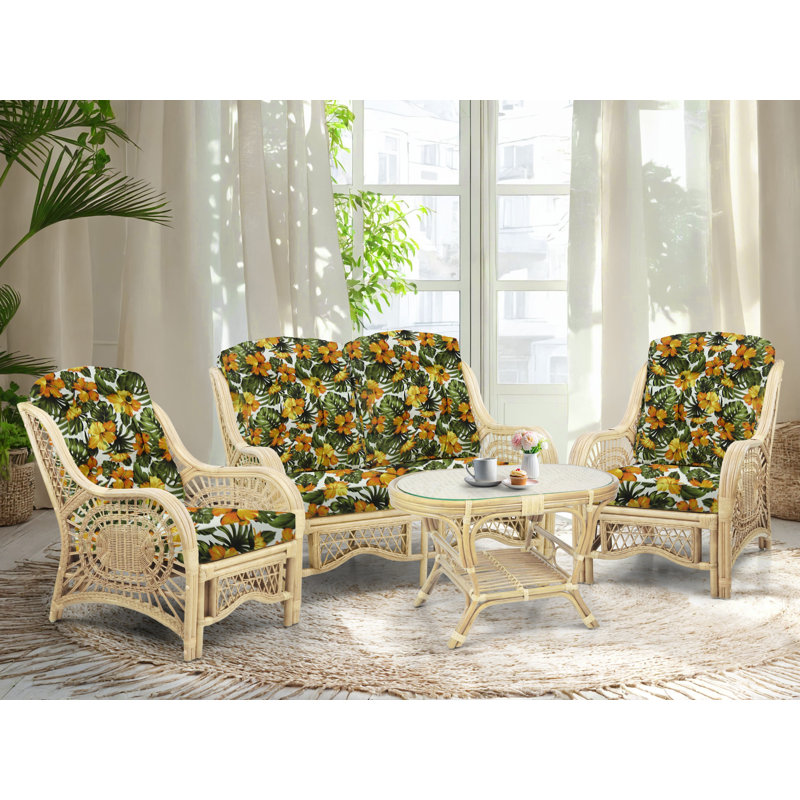 Malibu Natural Rattan Wicker Lounge Set with Floral Cushions
