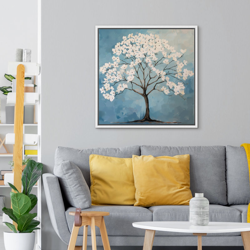 Flowers Blossom On Tree Branches, White Floater Frame, 16" H x 16" W