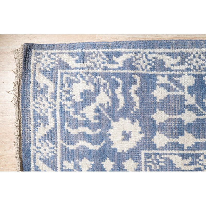 Blue Hand-Knotted Wool Bamboo Silk Framed Floral Garden Geometric Modern Contemporary Carpet Rug, 6' x 9'