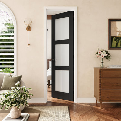 24" X 80" 3-Lite Black Frosted Glass Interior Prehung Door With Black Hinges, Privacy Glass Door Slab With Frame, Sound-Dampening & Waterproof, Suit For Laundry, Closet Doors, Room Doors, Right Hand