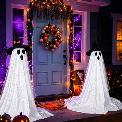 Outdoor Halloween Ghost Decorations 2 Pack,  Diy Ghost Kit Decor With Witch Hat Remote Control String Lights  For Lawn Patio Porch, Haunted House Party Supplies