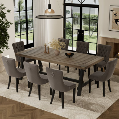 9 Pieces Modern Farmhouse Rectangle Dining Set with Mid-century High-end Tufted Dining Chair Set for 8