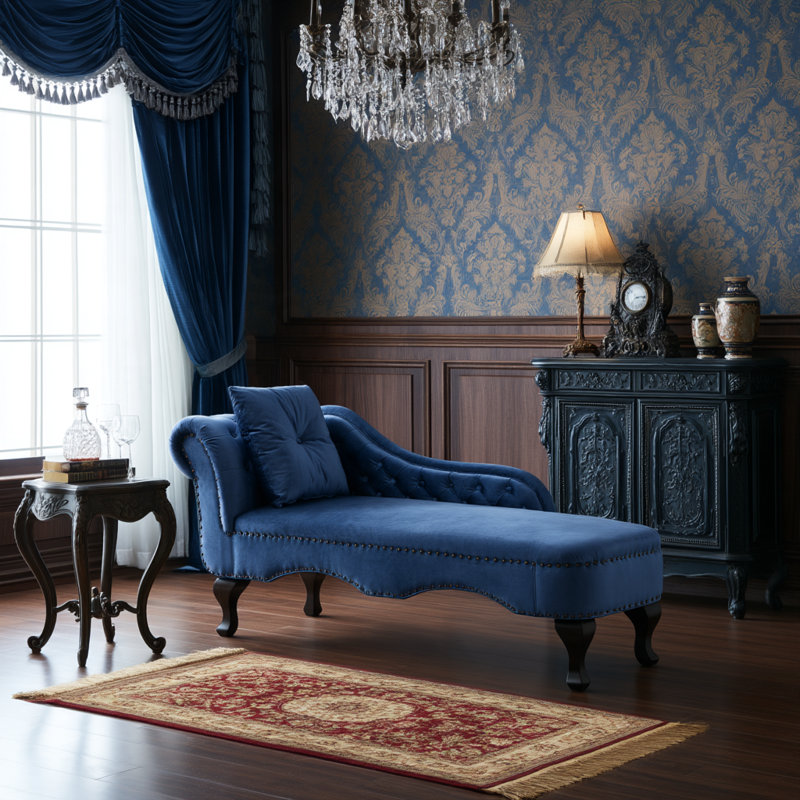 Chaise longue capitonnée en velours de 157 cm avec garniture cloutée et coussin décoratif, Left Backrest, Navy Blue