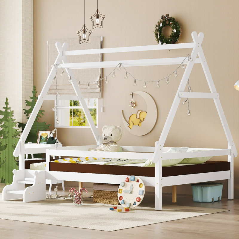 Solid Wood Full Platform Bed Frame with Stairs - Low Profile Twin Bed, Childlike Fun Design for Kids, White Finish, Full