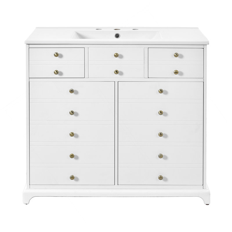 Ensemble de meuble-lavabo 36 po avec lavabo en céramique, meuble de rangement à structure en bois, ensemble de meuble-lavabo autoportant avec 2 tiroirs et portes à fermeture douce, blanc