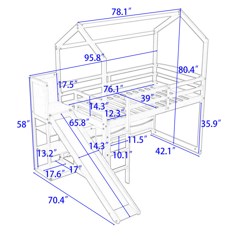 Amrika Playhouse Design Twin Loft Bed With Storage Shelves, Slide, Lights, White