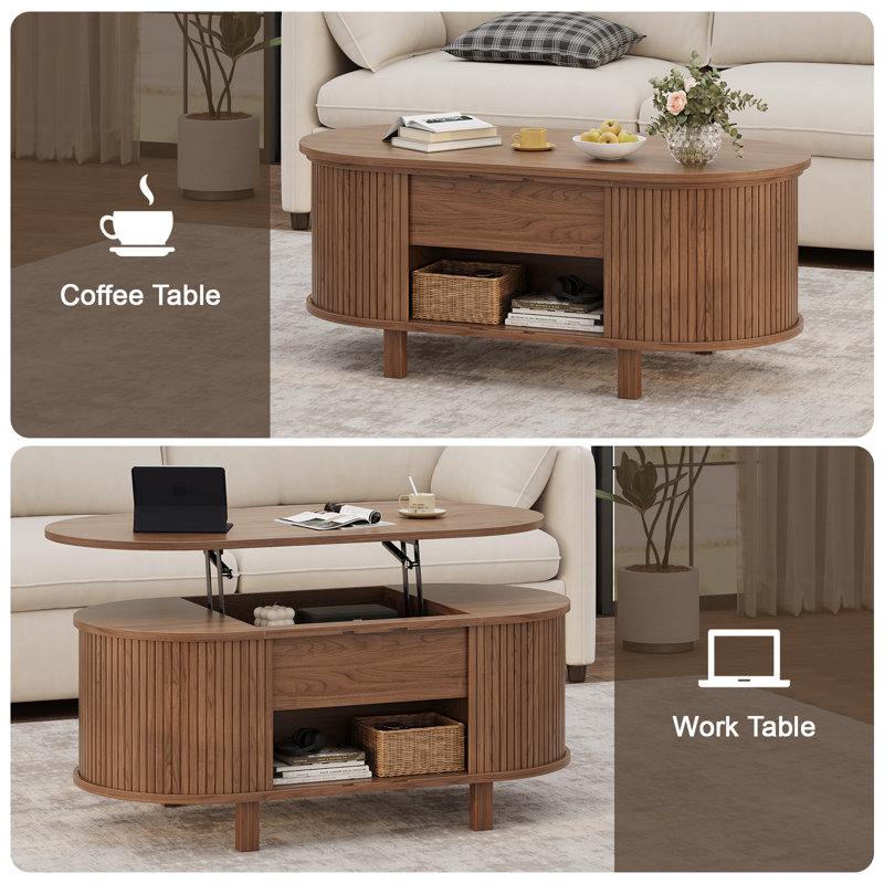 43.3'' W Oval Lift Top Coffee Table With Hidden Storage, Fluted Wood Center Table With Storage Compartment And Open Shelf