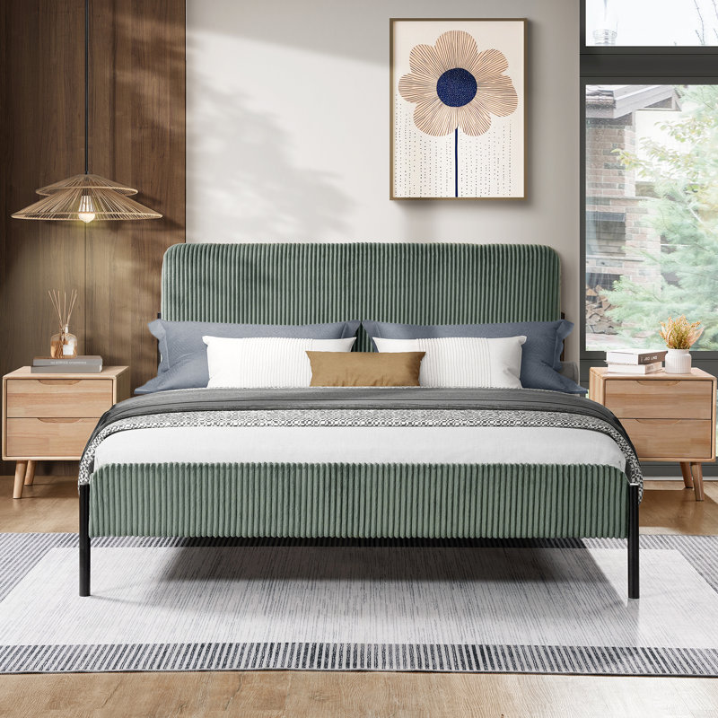 Modern Corduroy Upholstered Platform Bed with Metal Legs, No Box Spring Needed – Queen, Green