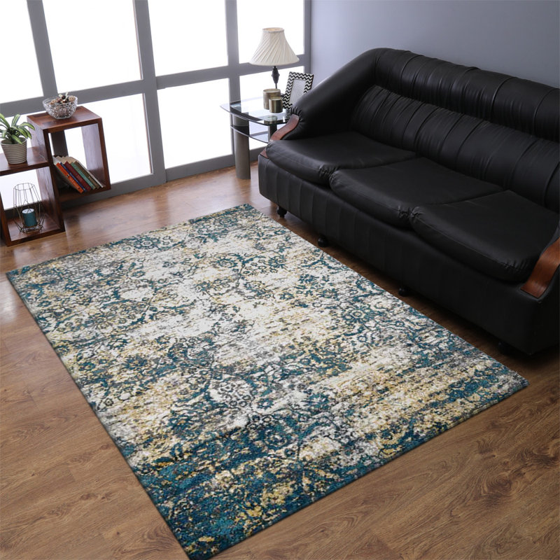 Tapis Crayton en polypropylène thermofixé, tissé à la machine - 122 x 183 cm, rectangulaire | Ivoire et bleu | Design moderne abstrait, poils moyens