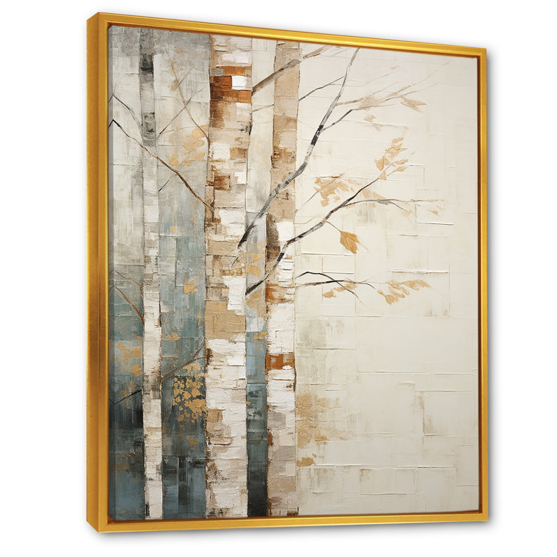 Arbre de minimalisme bouleau III sur toile, Cadre flottant doré, H 32 po x l 16 po x P 1 po