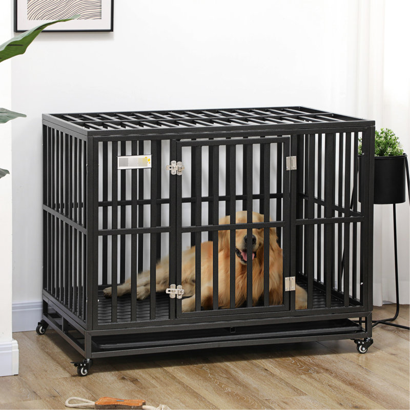 Très grand chenil en métal avec fonction de pincement et roulettes verrouillables pour transport robuste, base hygiénique, 45 po x 29,5 po x 35 po, pour les races