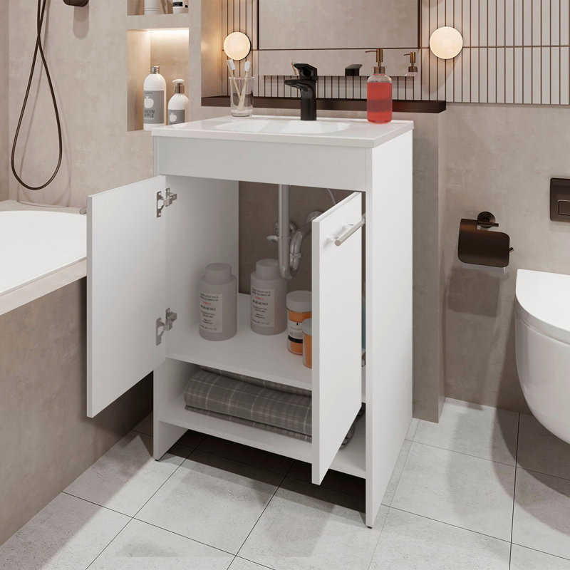 Meuble-lavabo 2 portes avec rangement ouvert, Blanc