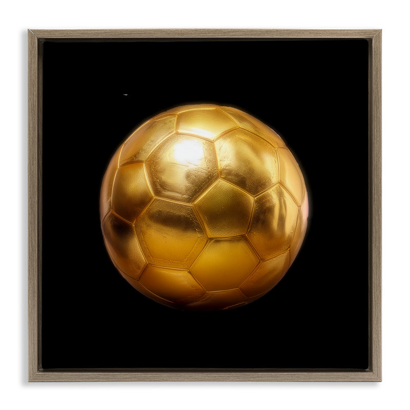 «Gold Designer Soccer Ball», art mural encadré brun sur toile flottante par Graffi * Tee Studios, H 18 po x l 18 po