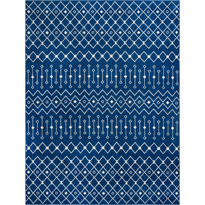 Tapis bleu / blanc en chenille / polyester tissé à la machine Briehn, Rectangle 10 pi 8 po x 14 pi