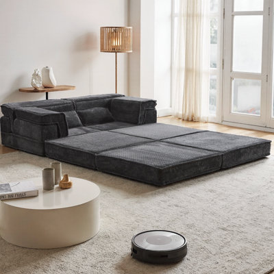 Modular Mahjong Sofa Bed 2-Seater with Ottoman, Convertible Floor L-Shaped Sectional Couch, No Assembly Required Circle Fleece Fabric, Boneless Design